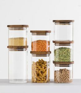 Tarro cuadrado de cristal y acacia para alimentos