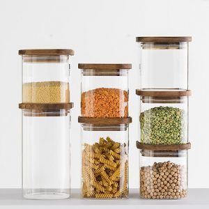 Tarro cuadrado de cristal y acacia para alimentos