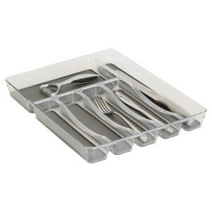 Organizador de cubiertos en cajón de cocina, plástico resistente con alfombrilla antideslizante.