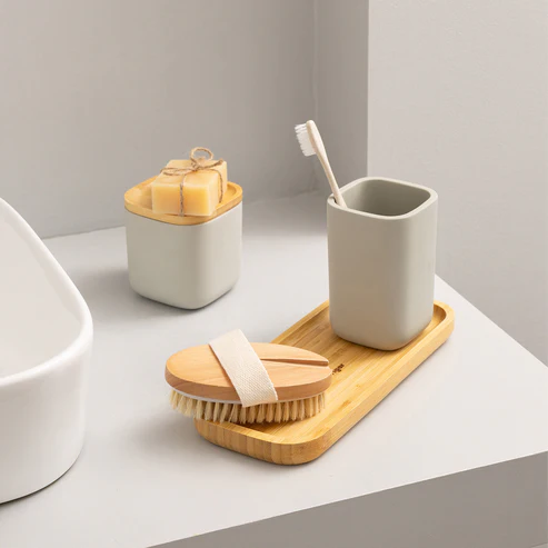 Set de baño 4 piezas con bambú | Organización natural y funcional