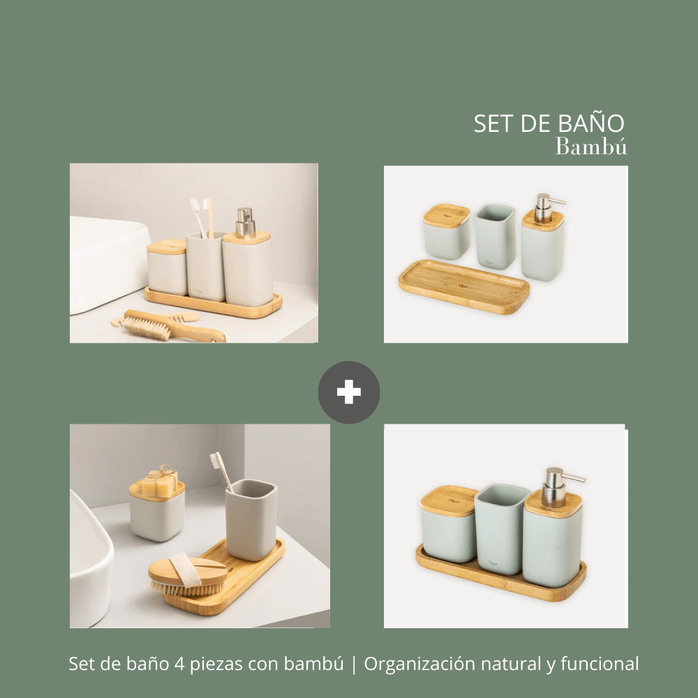 Set de baño 4 piezas con bambú | Organización natural y funcional