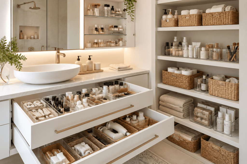 Cajón y mueble de baño organizados con cestas y contenedores de acrílico de diferentes tamaños.